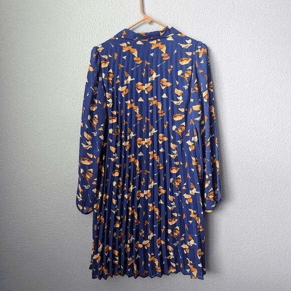 Women's Nine West Dress Midi Pleated with Collar Long Sleeve Royal Blue Pattern - Picture 4 of 8